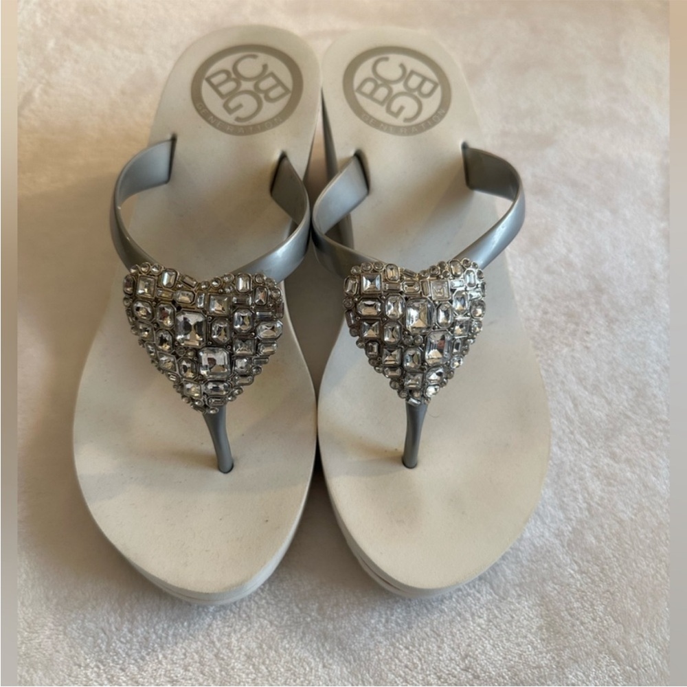 BCBG Women's Silver Embellished Sandals. Rhinestone heart detail.